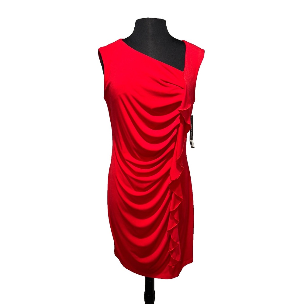 Sexy Ruched Sleeveless Cocktail Dress Size L Poppy Red Ruffle‎ NWT Party
